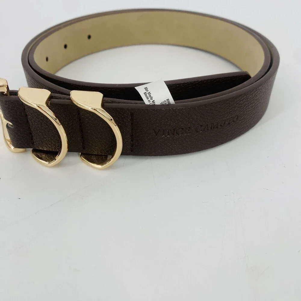 Vince Camuto Brown Vegan Leather Belt Large Gold Buckle Faux Leather Modern